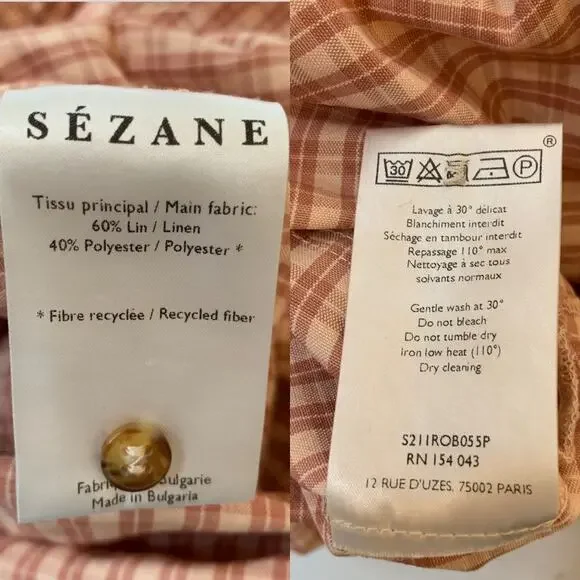 Sezane Jamy Linen Check Shirt Dress Faux Wrap Women 42 Pink Plaid Long Sleeve - Picture 14 of 16